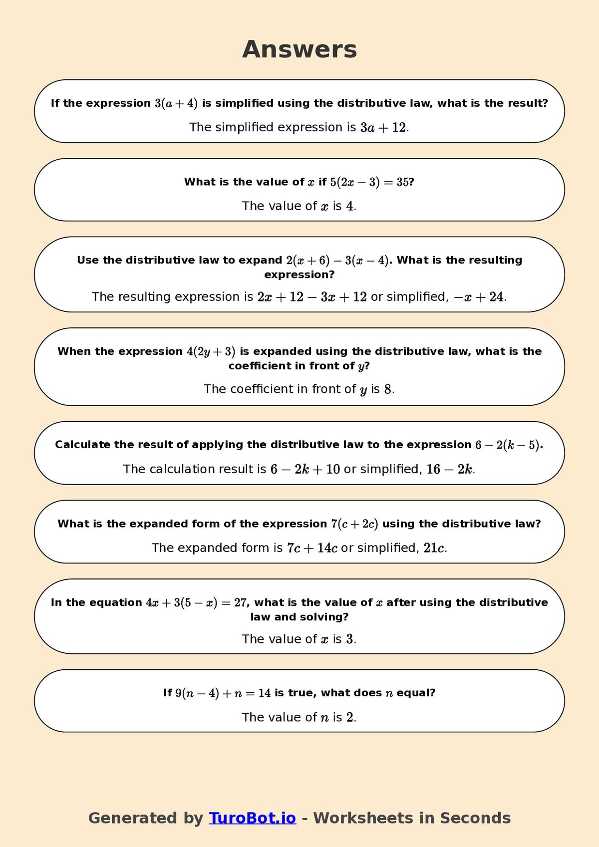Year 7 Math Worksheet – Distributive Law Basics 2