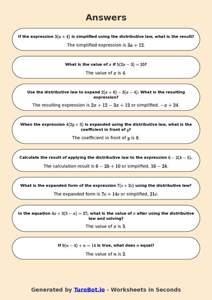 Year 7 Math Worksheet – Distributive Law Basics 2