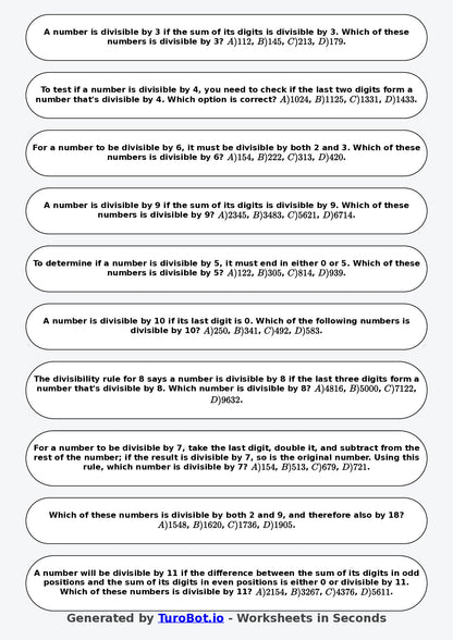 Year 7 Math Worksheet – Divisibility Tests 2
