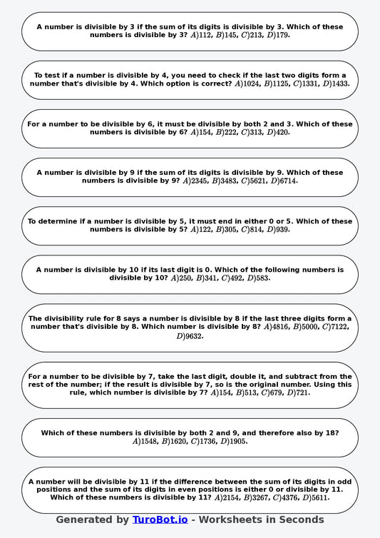 Year 7 Math Worksheet – Divisibility Tests 2