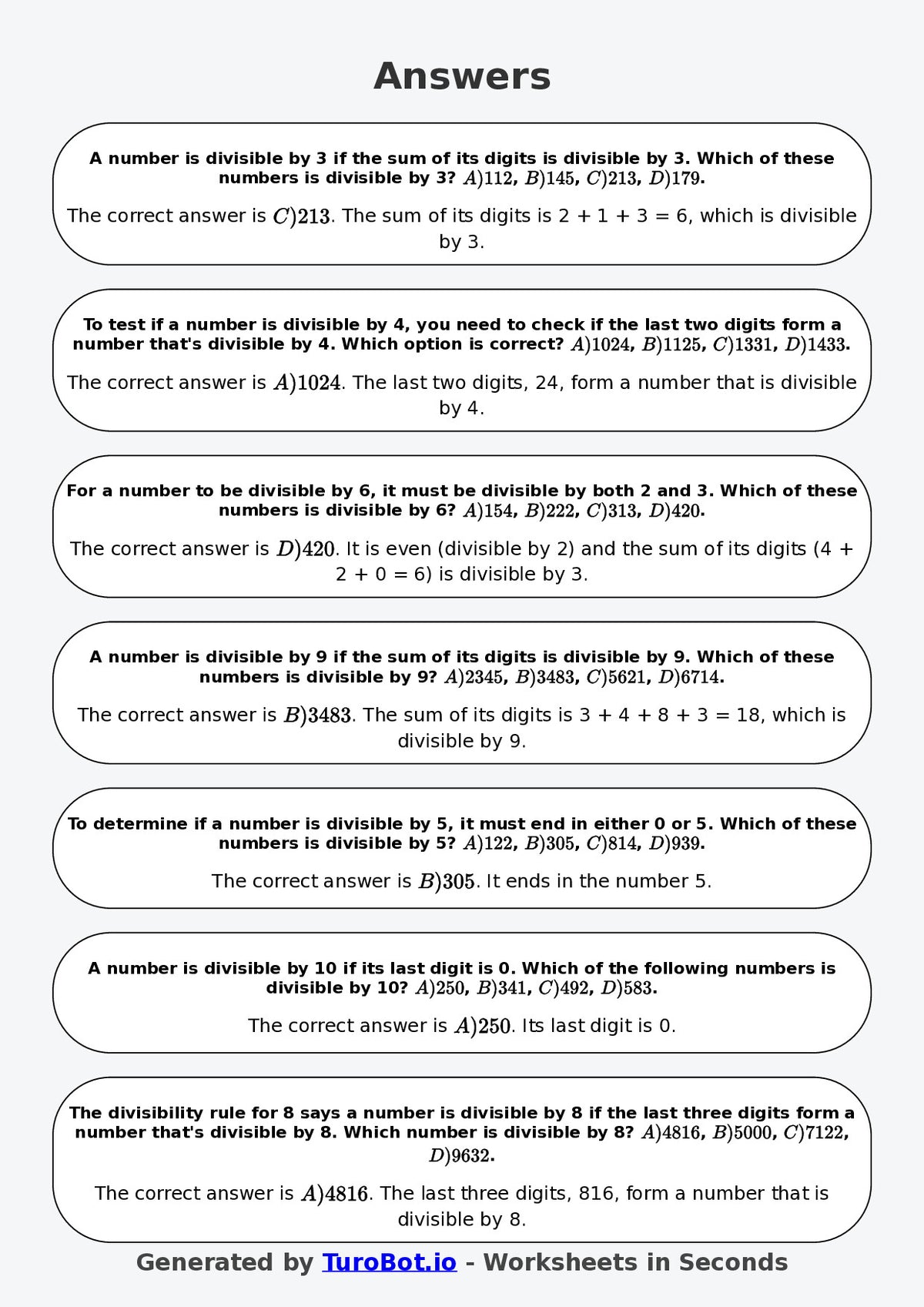 Year 7 Math Worksheet – Divisibility Tests 2