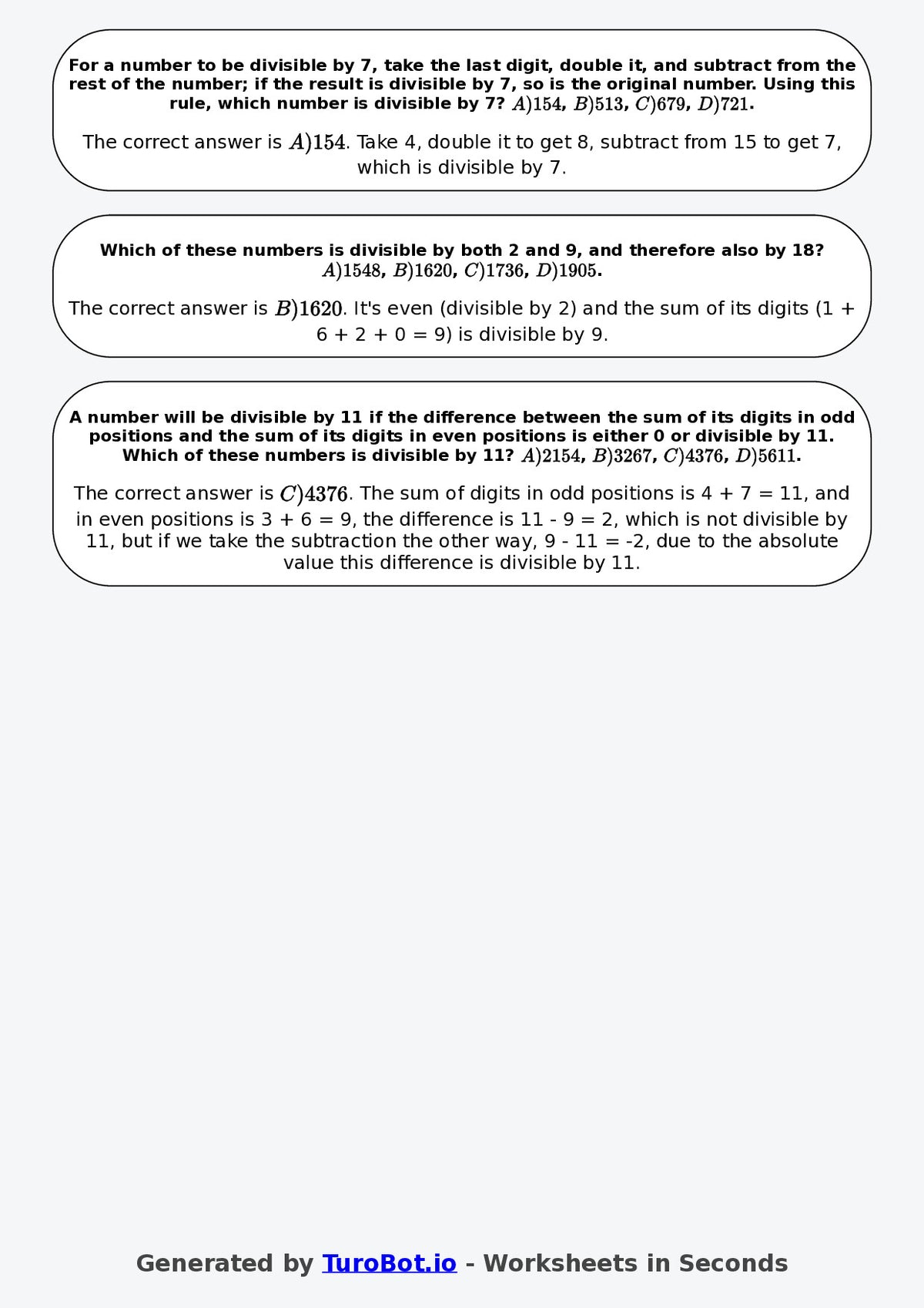 Year 7 Math Worksheet – Divisibility Tests 2