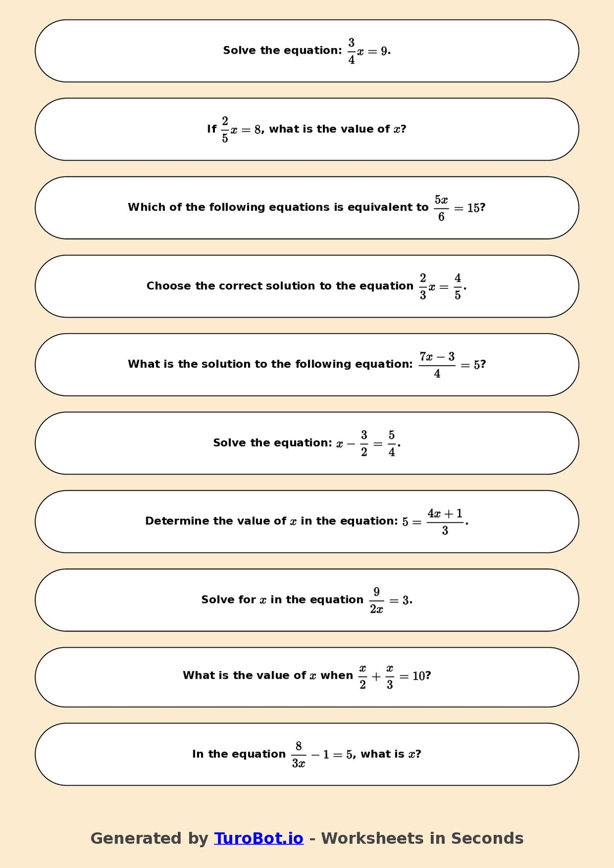 Year 7 Math Worksheet – Equations with Fractions