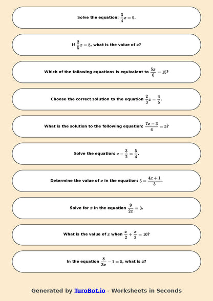 Year 7 Math Worksheet – Equations with Fractions