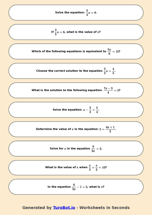 Year 7 Math Worksheet – Equations with Fractions