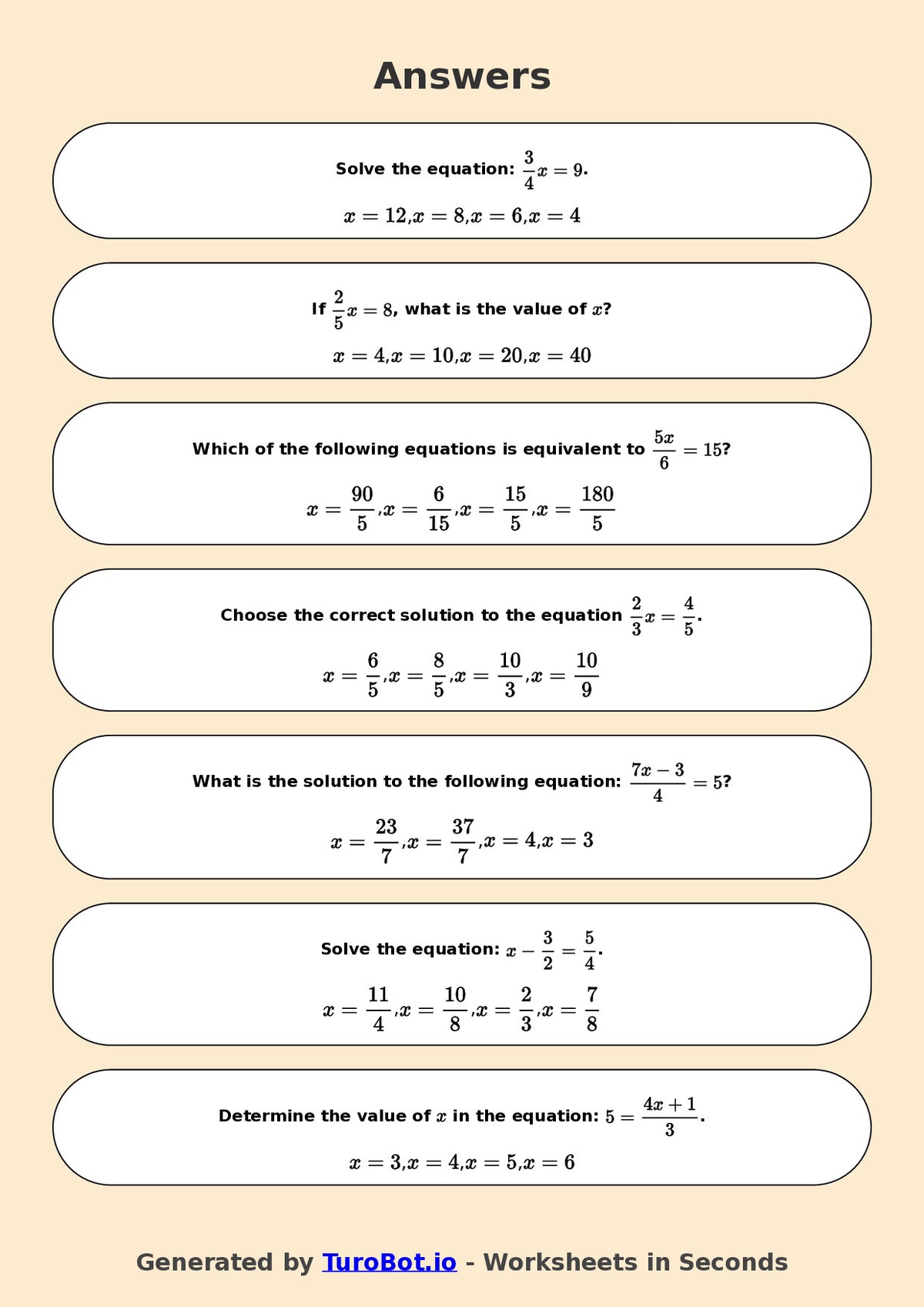 Year 7 Math Worksheet – Equations with Fractions