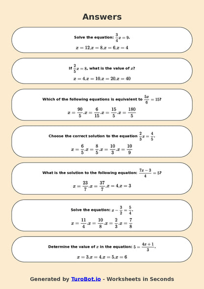 Year 7 Math Worksheet – Equations with Fractions