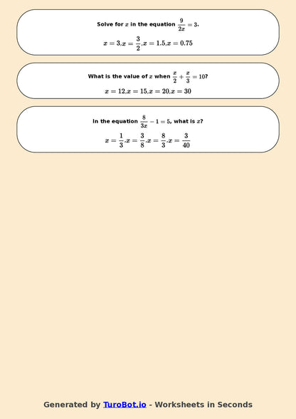 Year 7 Math Worksheet – Equations with Fractions