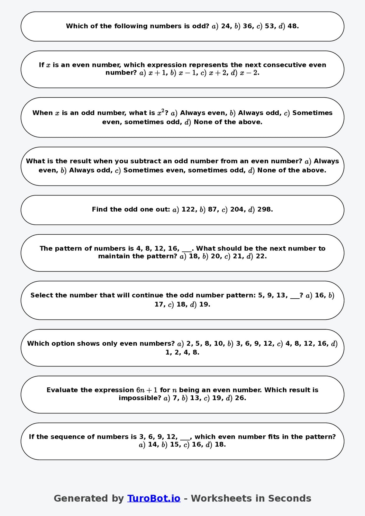 Year 7 Math Worksheet – Even and Odd Number Patterns