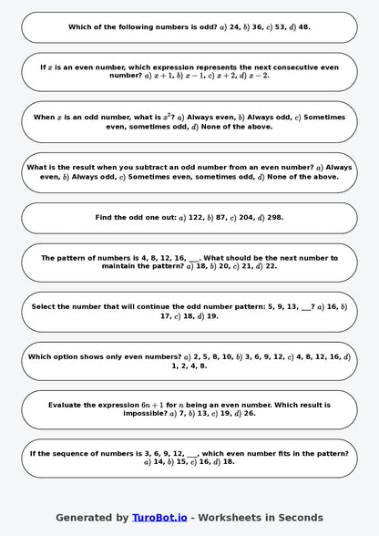 Year 7 Math Worksheet – Even and Odd Number Patterns