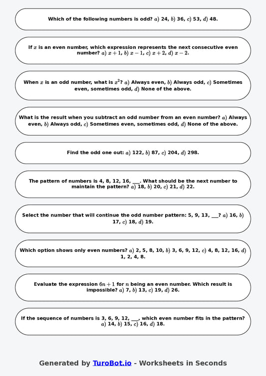 Year 7 Math Worksheet – Even and Odd Number Patterns