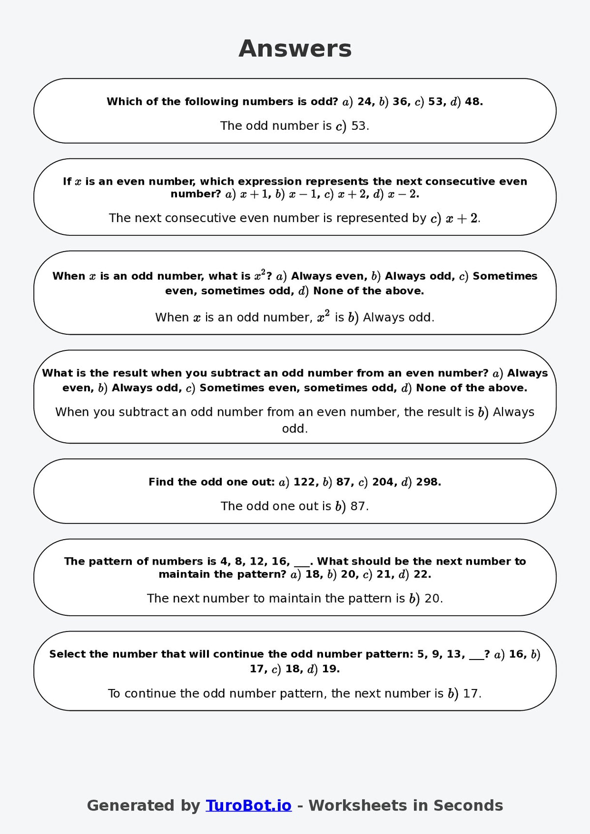 Year 7 Math Worksheet – Even and Odd Number Patterns