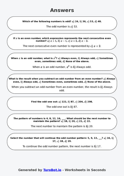 Year 7 Math Worksheet – Even and Odd Number Patterns