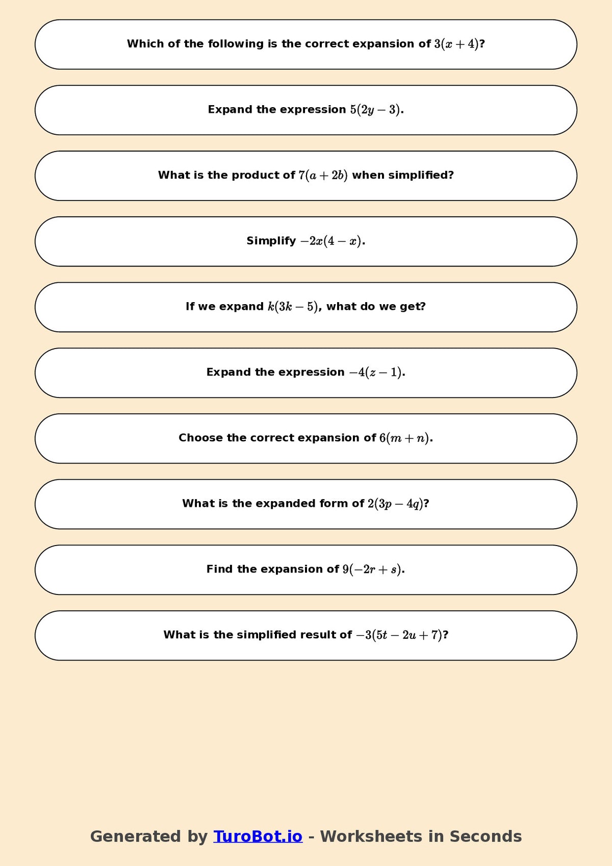 Year 7 Math Worksheet – Expand Single Brackets