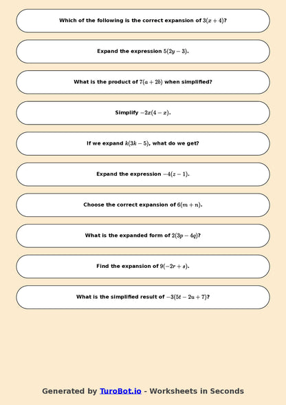 Year 7 Math Worksheet – Expand Single Brackets