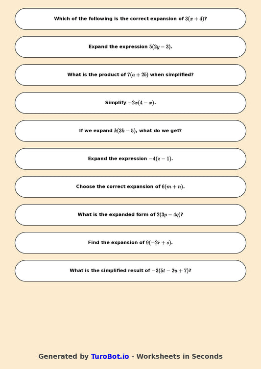 Year 7 Math Worksheet – Expand Single Brackets