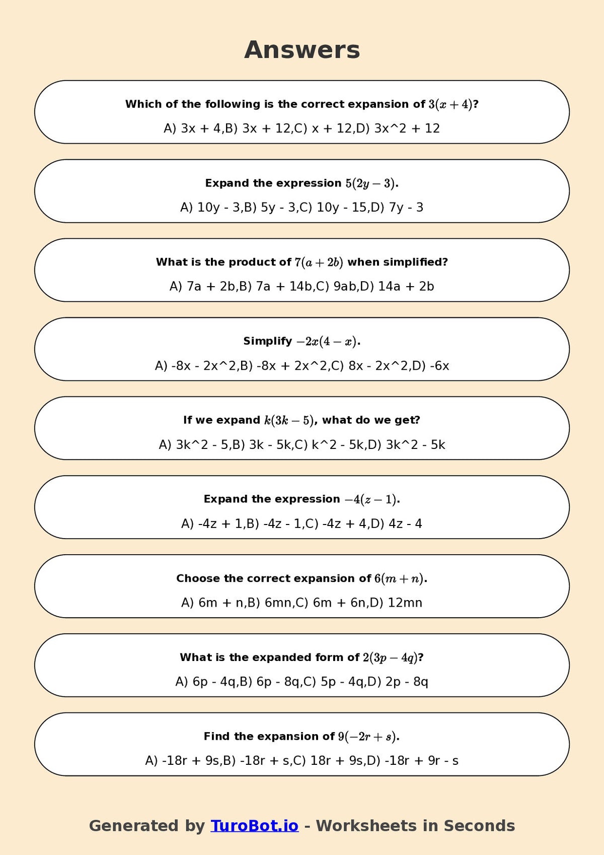Year 7 Math Worksheet – Expand Single Brackets