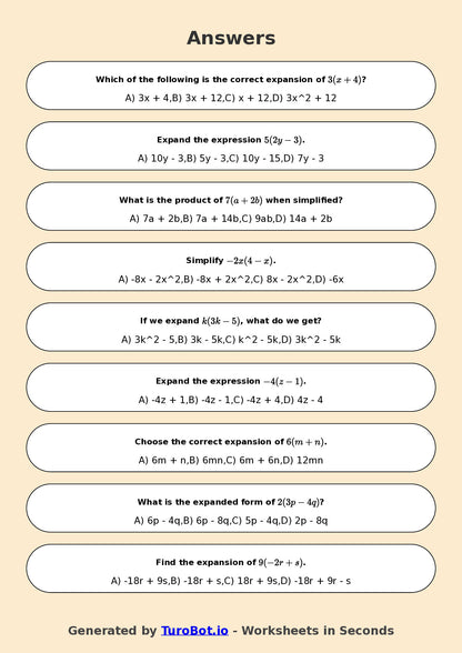 Year 7 Math Worksheet – Expand Single Brackets