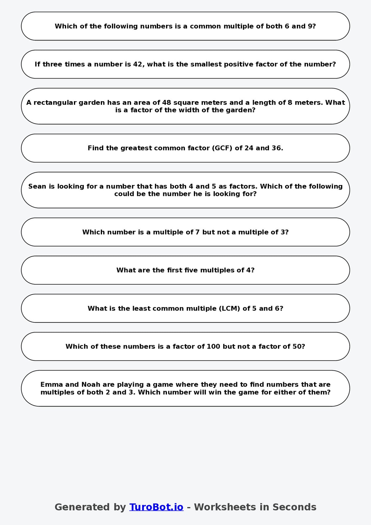 Year 7 Math Multiple Choice Worksheet – Factors and Multiples 2
