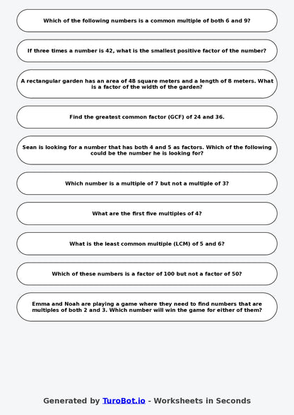 Year 7 Math Multiple Choice Worksheet – Factors and Multiples 2