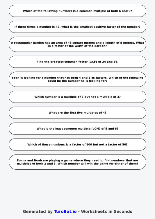 Year 7 Math Multiple Choice Worksheet – Factors and Multiples 2