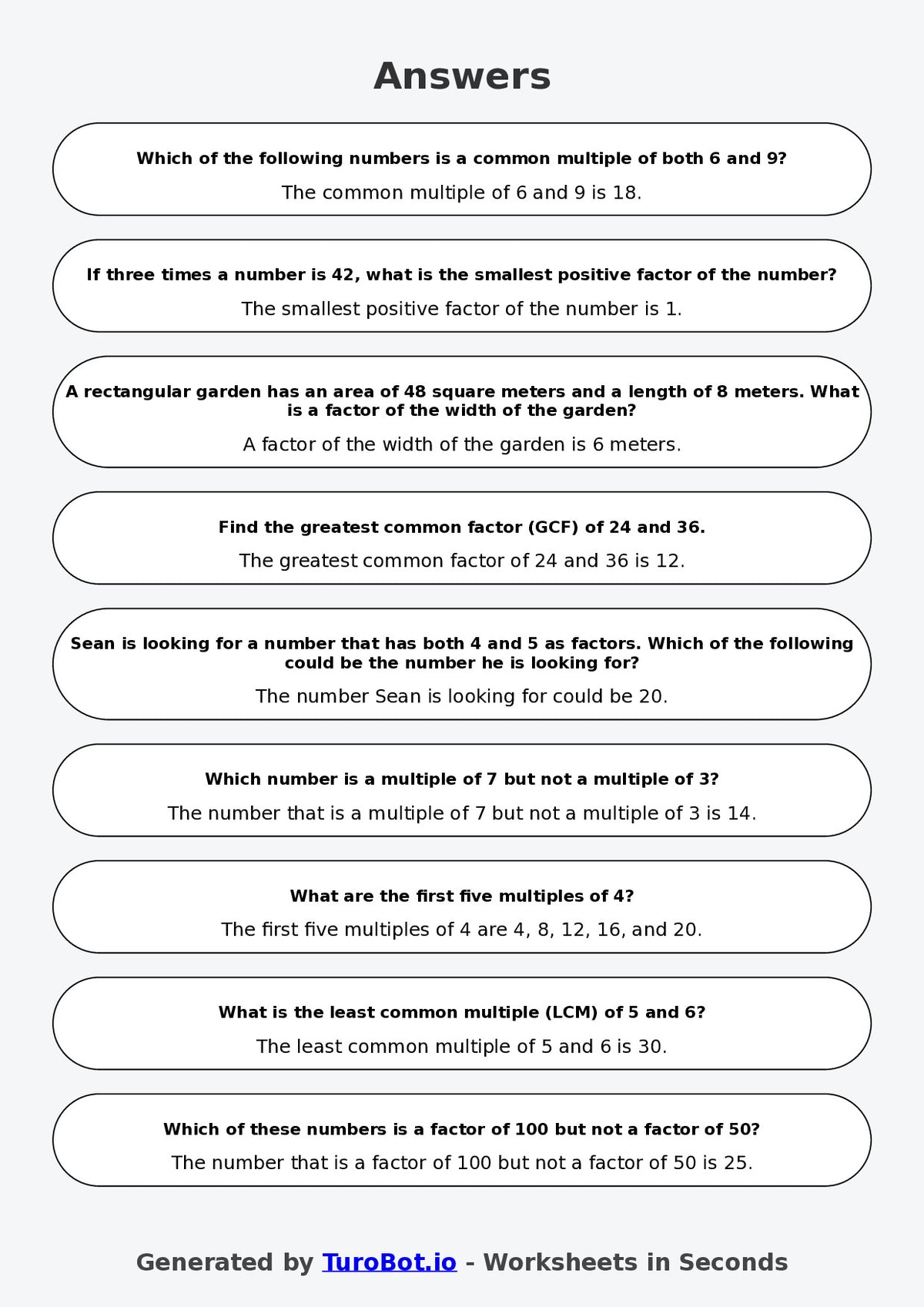 Year 7 Math Multiple Choice Worksheet – Factors and Multiples 2