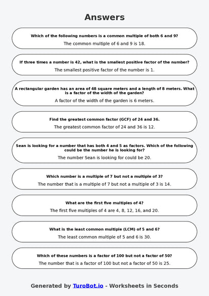 Year 7 Math Multiple Choice Worksheet – Factors and Multiples 2