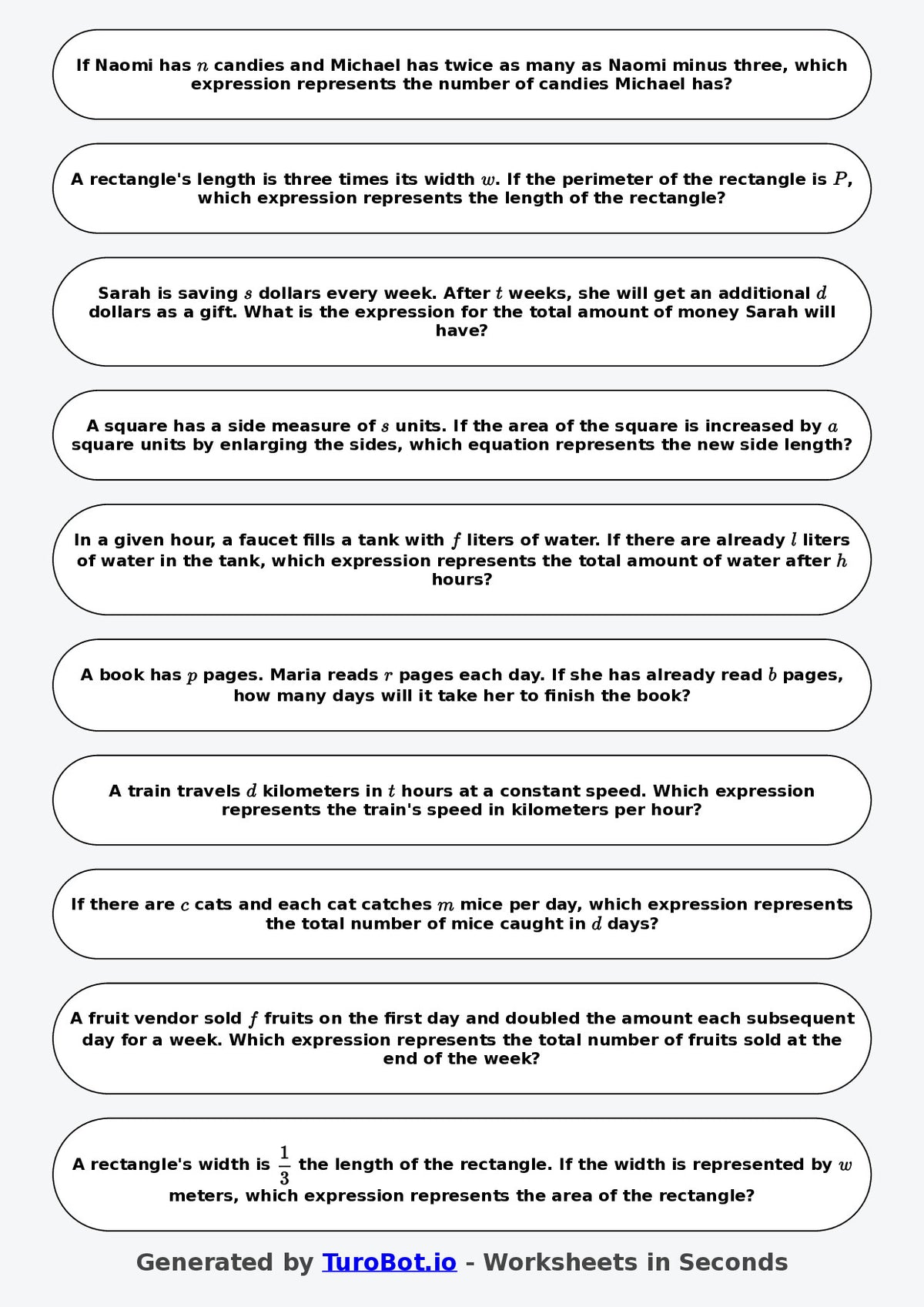 Year 7 Math Worksheet – Forming Expressions from Words 2