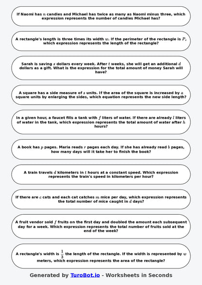 Year 7 Math Worksheet – Forming Expressions from Words 2
