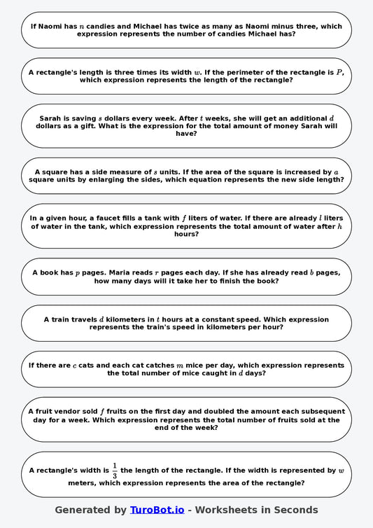 Year 7 Math Worksheet – Forming Expressions from Words 2