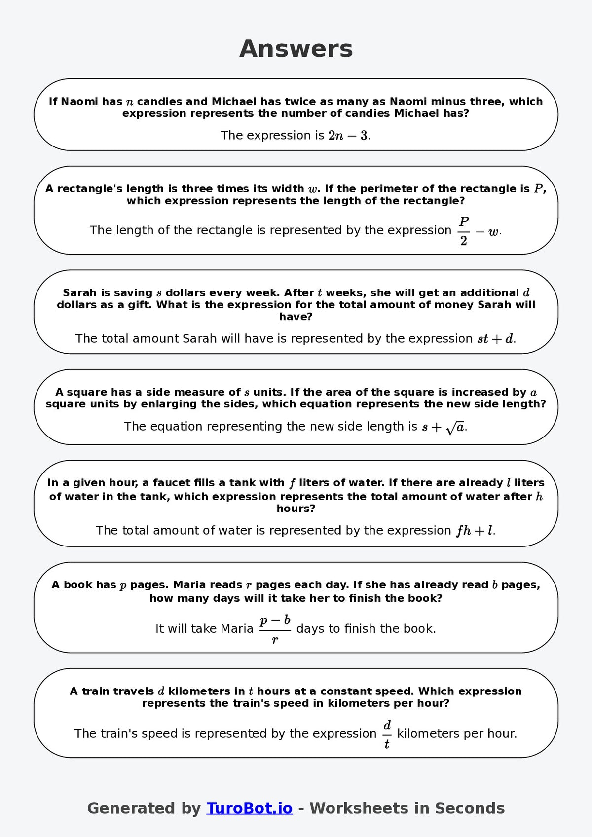 Year 7 Math Worksheet – Forming Expressions from Words 2