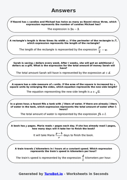 Year 7 Math Worksheet – Forming Expressions from Words 2