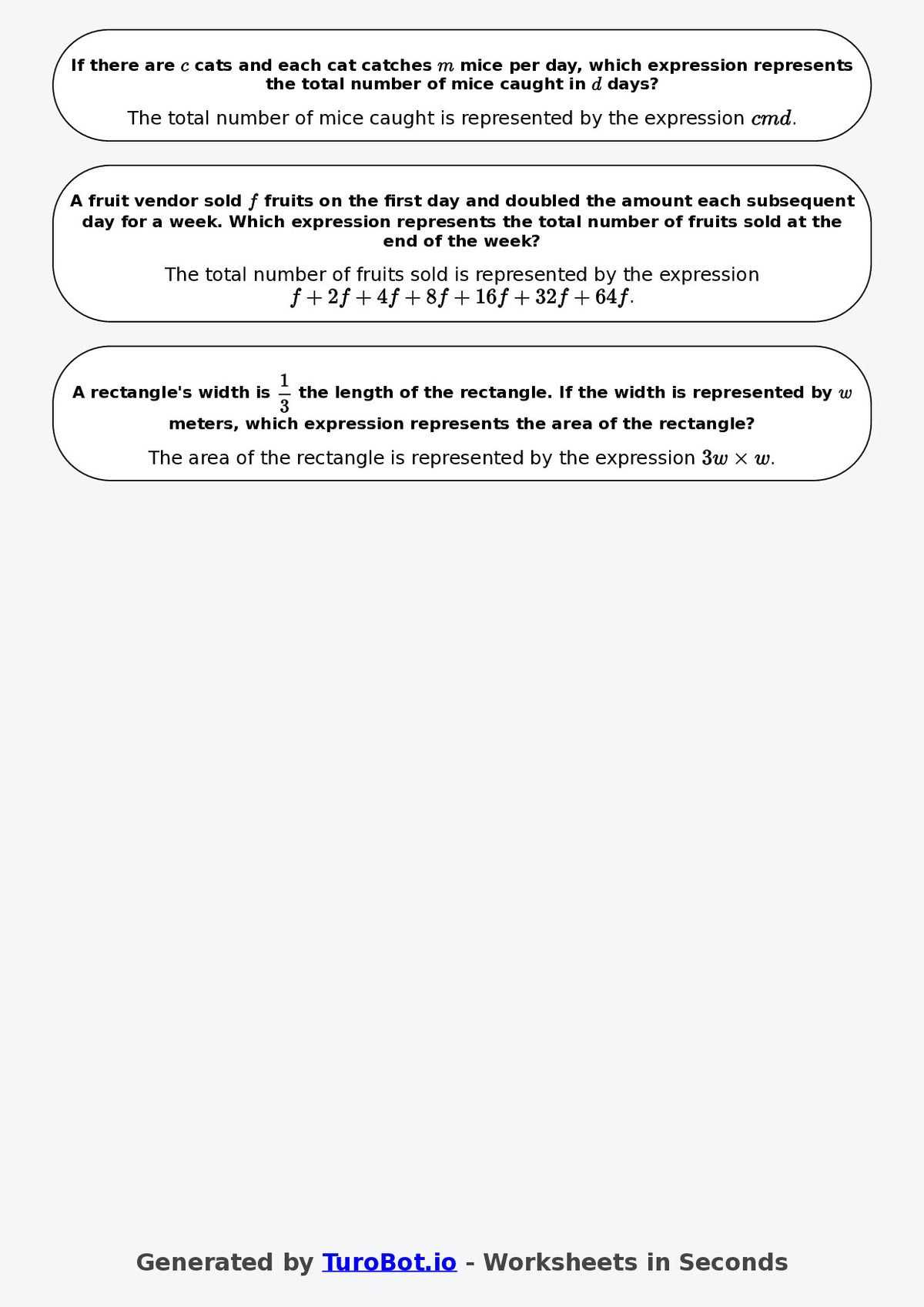 Year 7 Math Worksheet – Forming Expressions from Words 2
