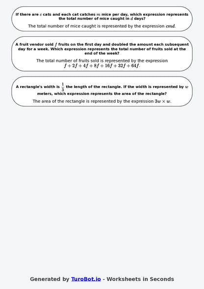 Year 7 Math Worksheet – Forming Expressions from Words 2