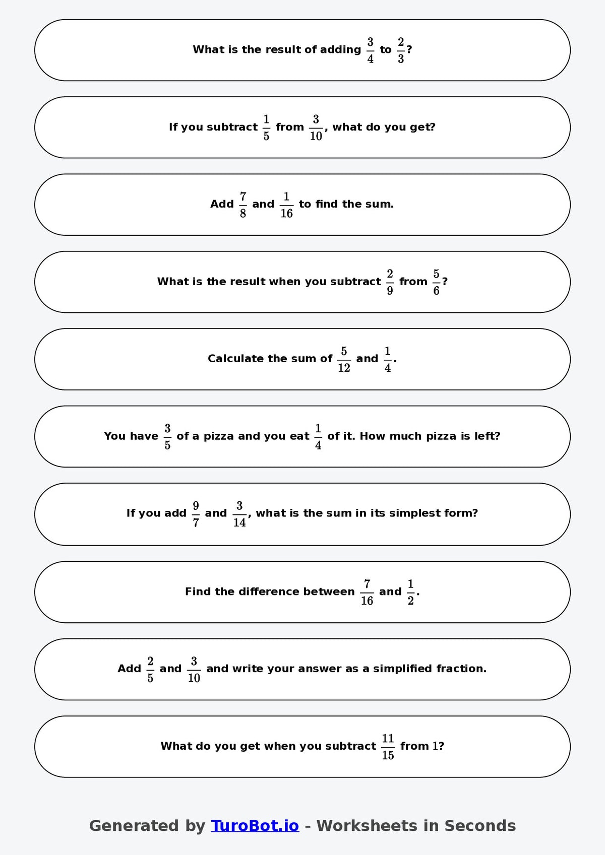 Year 7 Math Worksheet – Fraction Operations - Add and Subtract 2