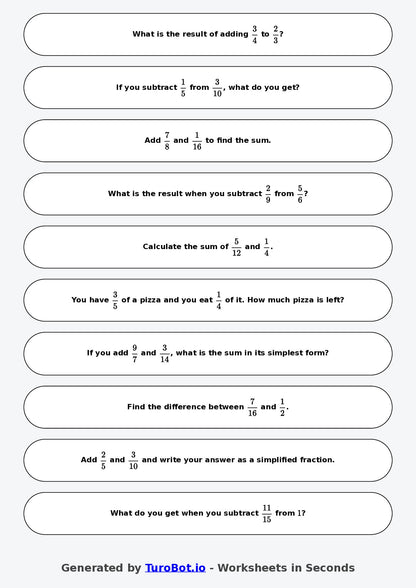 Year 7 Math Worksheet – Fraction Operations - Add and Subtract 2
