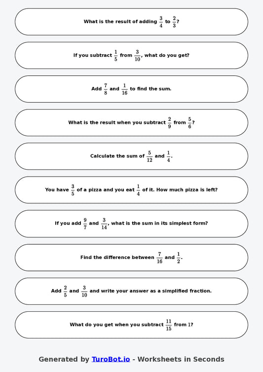Year 7 Math Worksheet – Fraction Operations - Add and Subtract 2