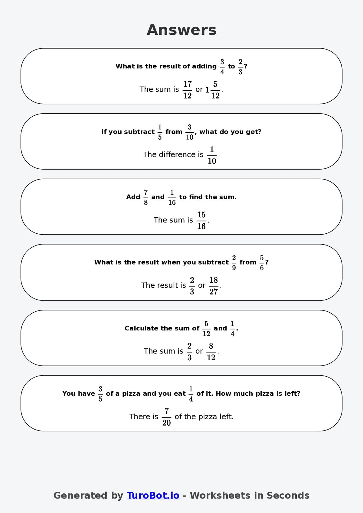 Year 7 Math Worksheet – Fraction Operations - Add and Subtract 2
