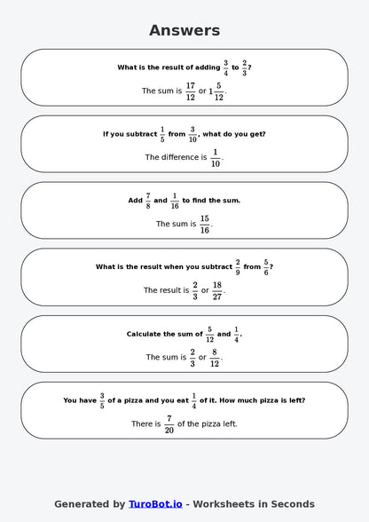 Year 7 Math Worksheet – Fraction Operations - Add and Subtract 2