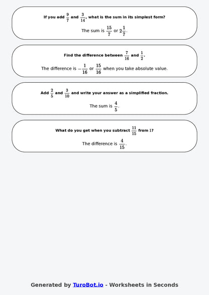 Year 7 Math Worksheet – Fraction Operations - Add and Subtract 2