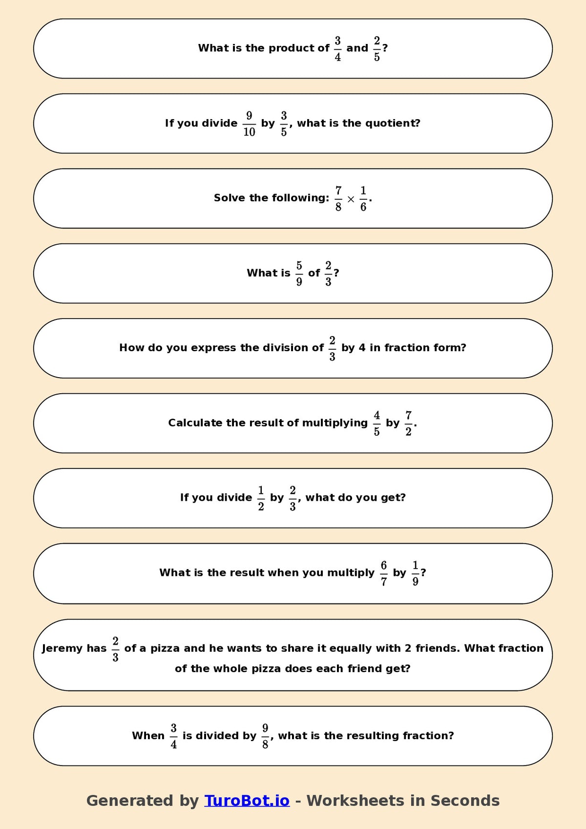 Year 7 Math Worksheet – Fraction Operations - Multiply and Divide