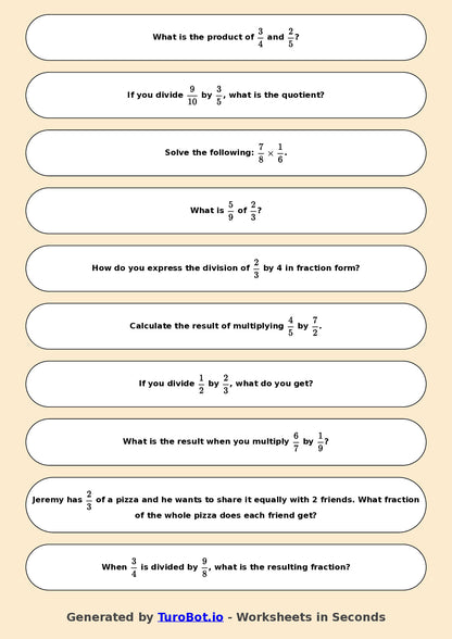 Year 7 Math Worksheet – Fraction Operations - Multiply and Divide
