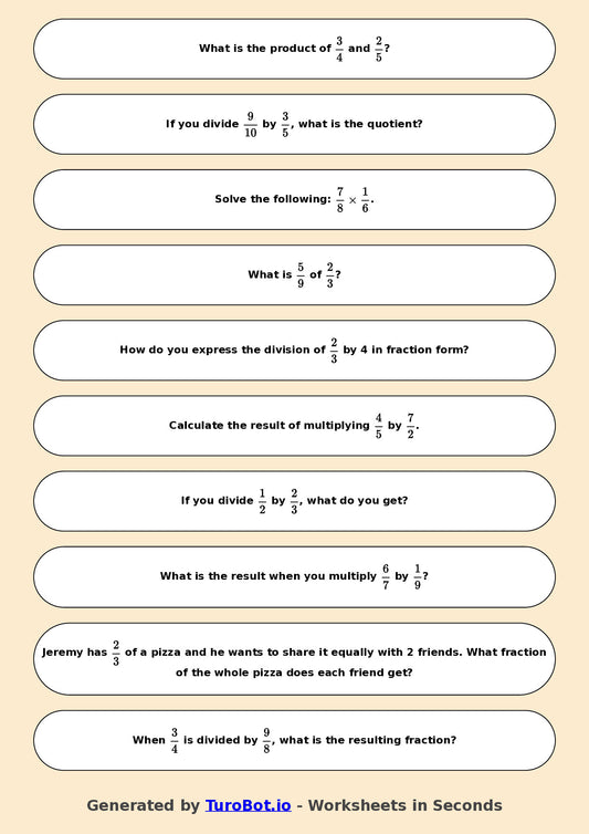 Year 7 Math Worksheet – Fraction Operations - Multiply and Divide
