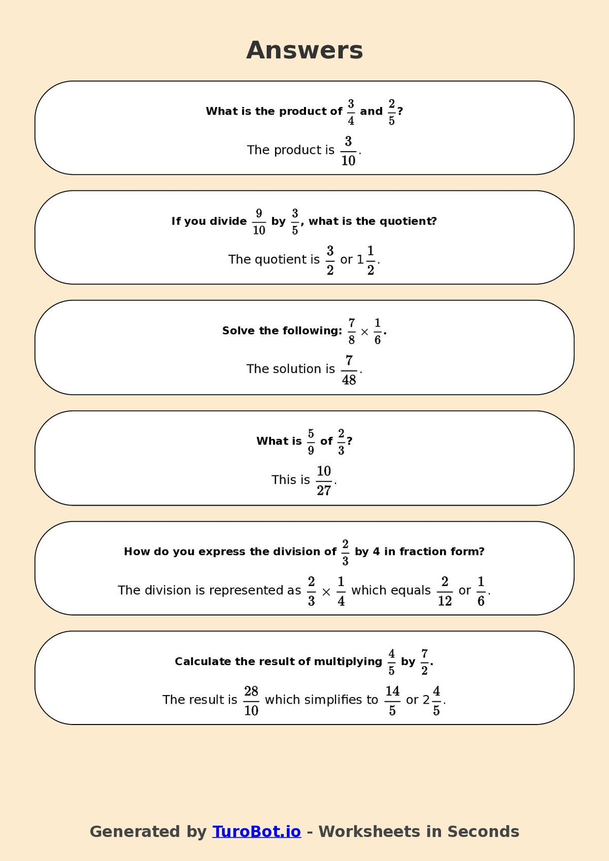 Year 7 Math Worksheet – Fraction Operations - Multiply and Divide
