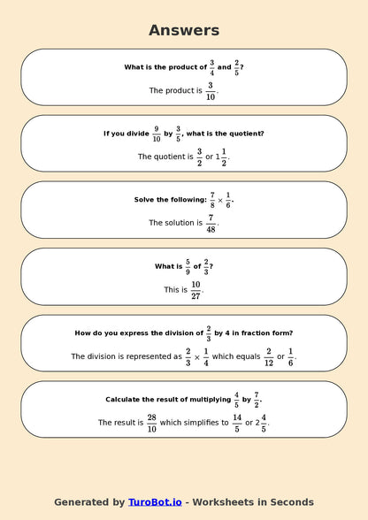 Year 7 Math Worksheet – Fraction Operations - Multiply and Divide