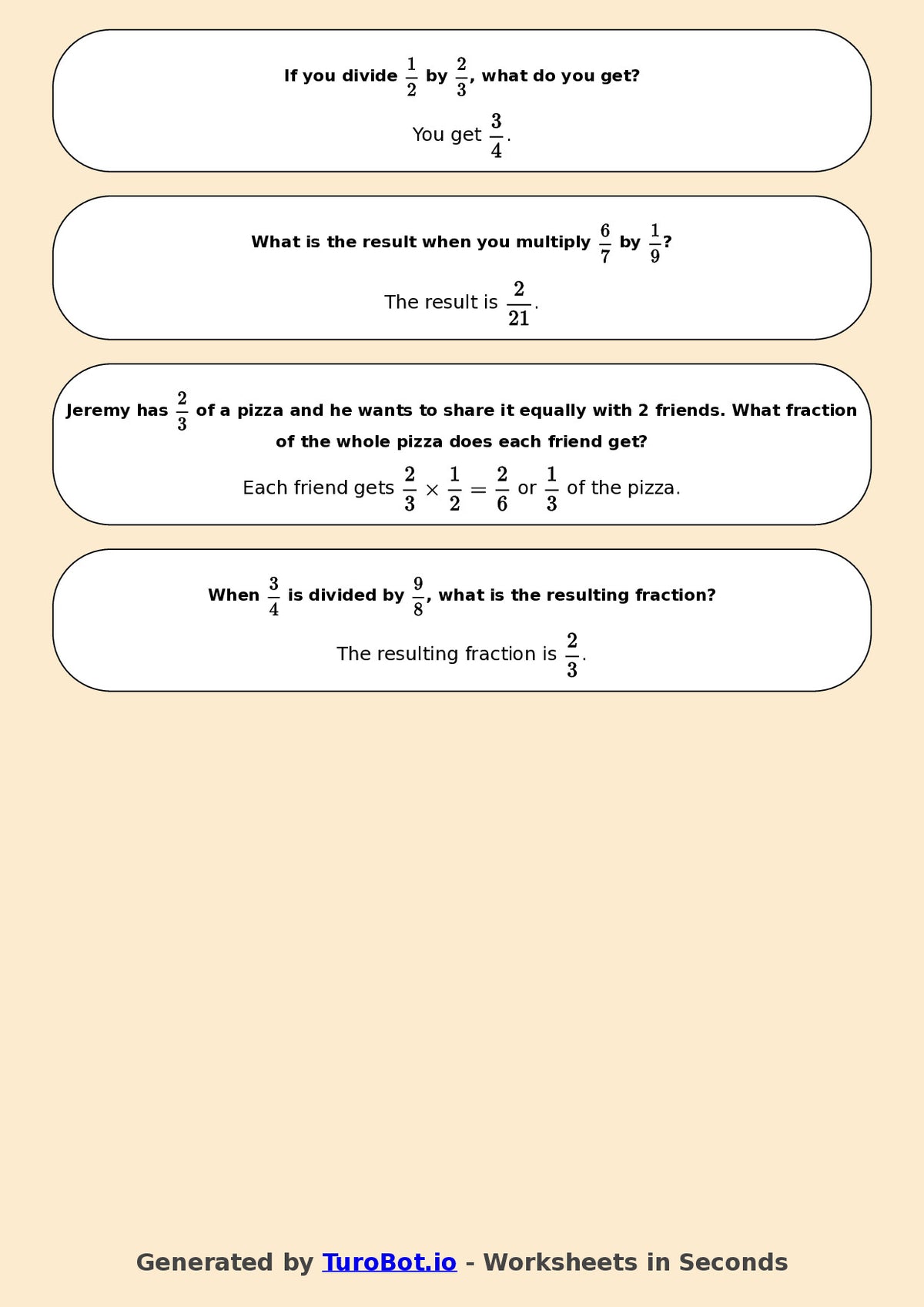 Year 7 Math Worksheet – Fraction Operations - Multiply and Divide