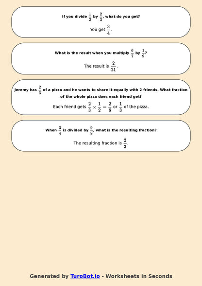 Year 7 Math Worksheet – Fraction Operations - Multiply and Divide