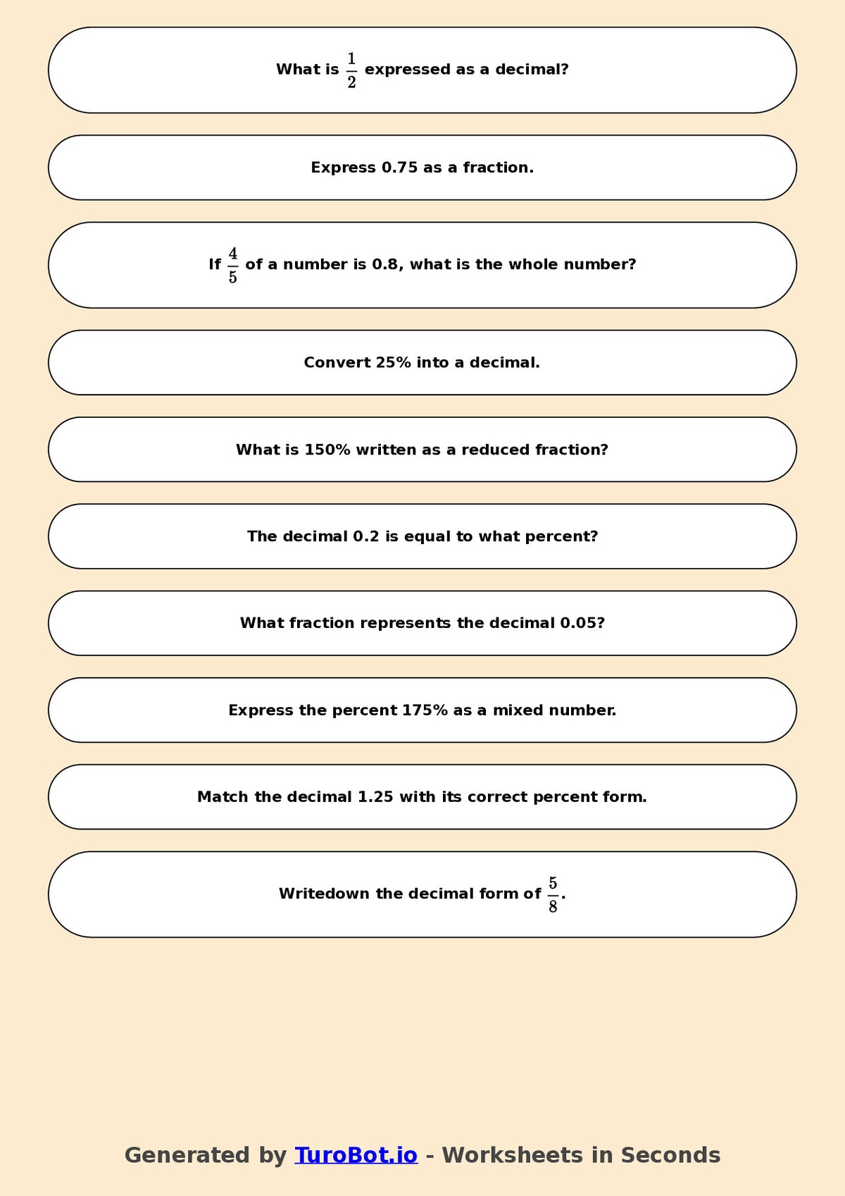 Year 7 Math Worksheet – Fraction, Decimal and Percent Matching