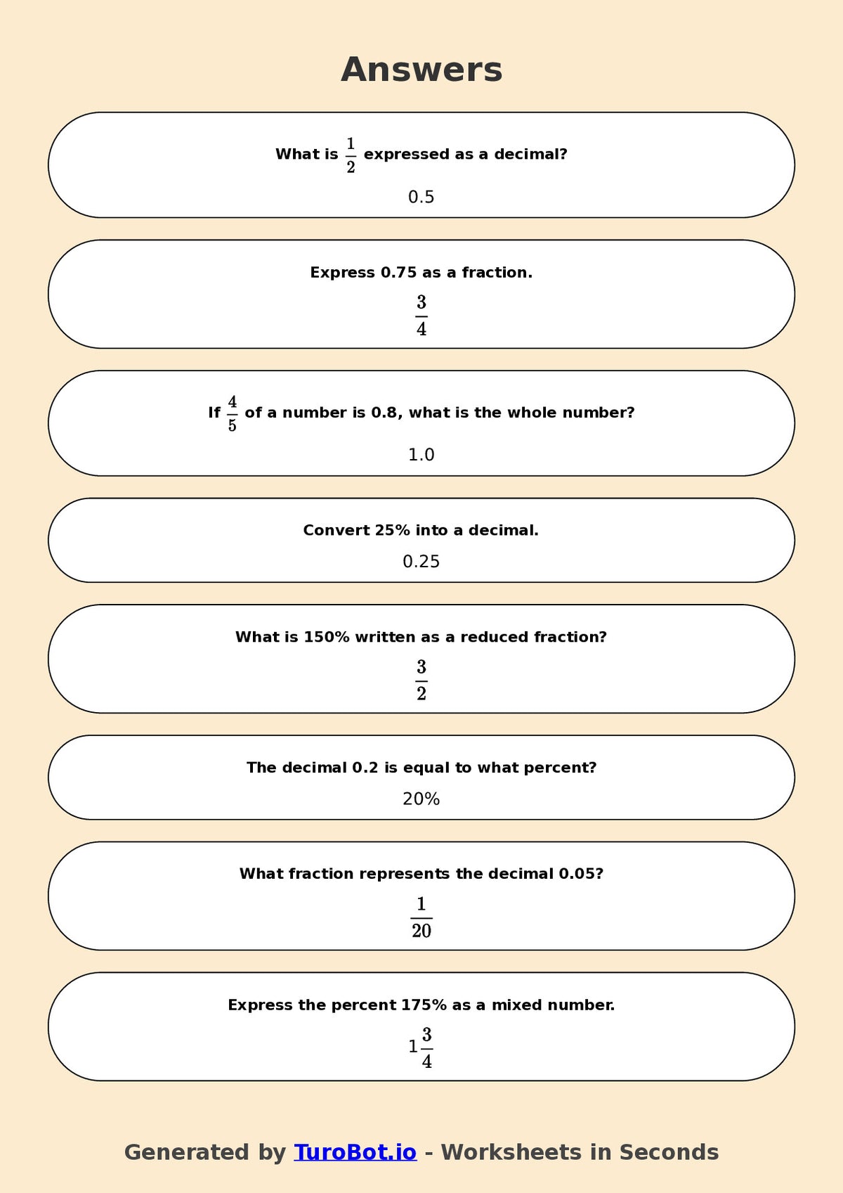 Year 7 Math Worksheet – Fraction, Decimal and Percent Matching