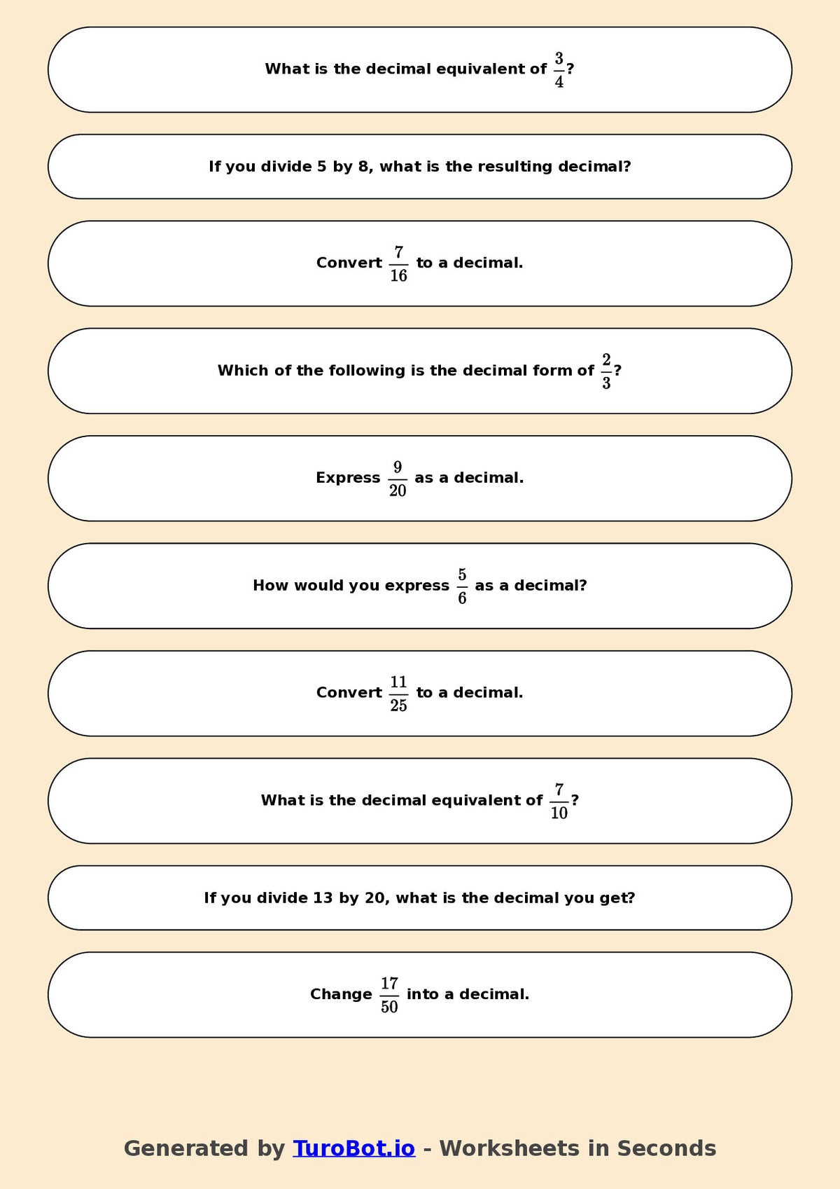 Year 7 Math Worksheet – Fractions to Decimals Basics 2